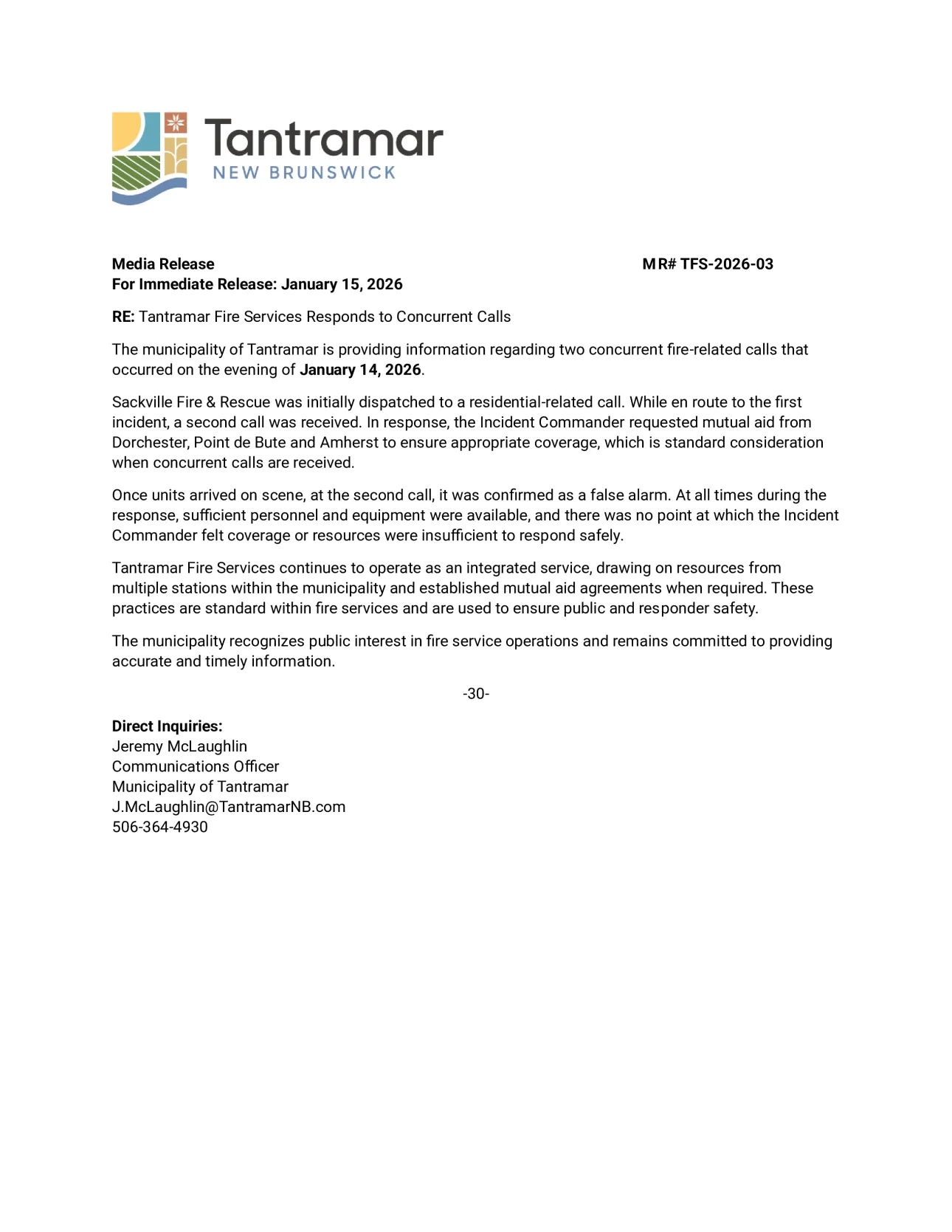 Media Release - RE Sackville Fire & Rescue Operations January 15 2026