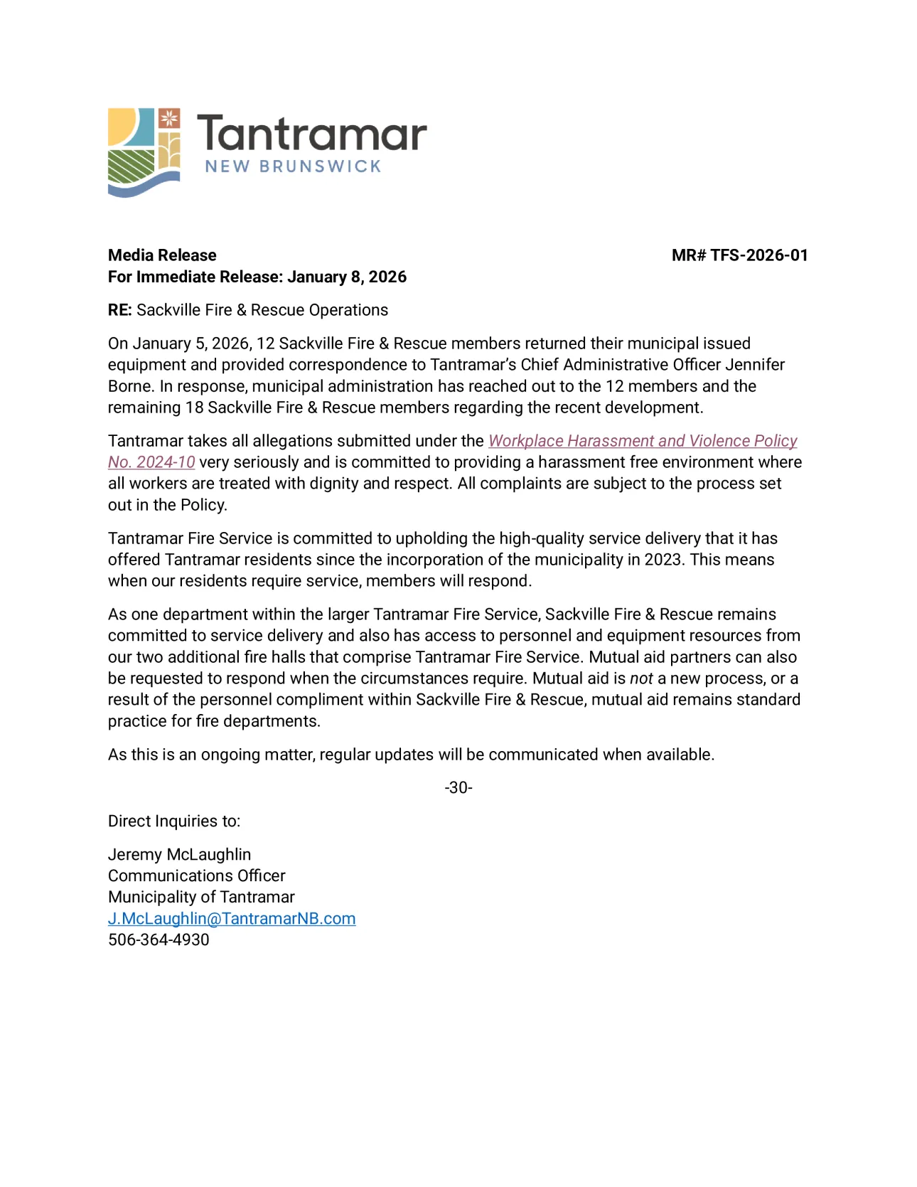 Sackville Fire Media Release January 8 2026