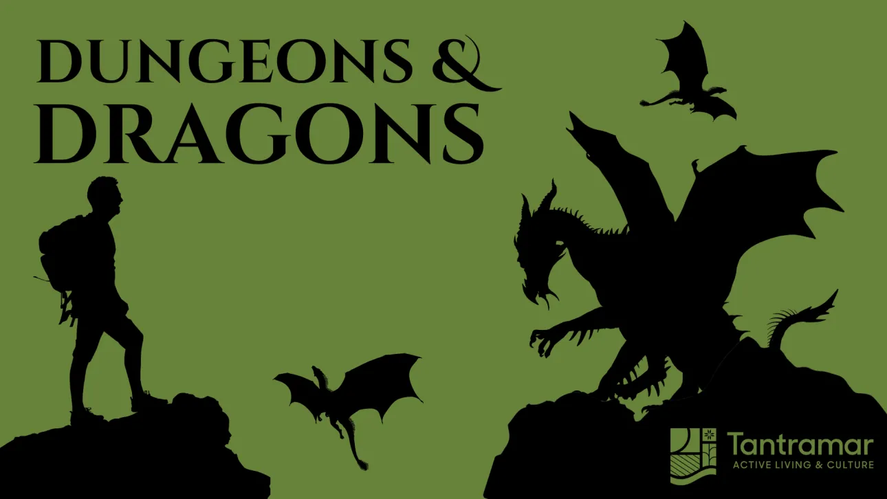Dungeons and Dragons graphic - black shadows over green background with dragons and adventurer