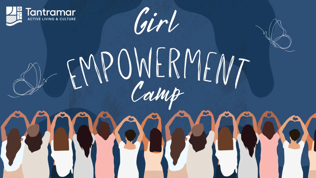 Girl Empowerment Camp graphic that shows a group of girls with hands over their head making a heart sign