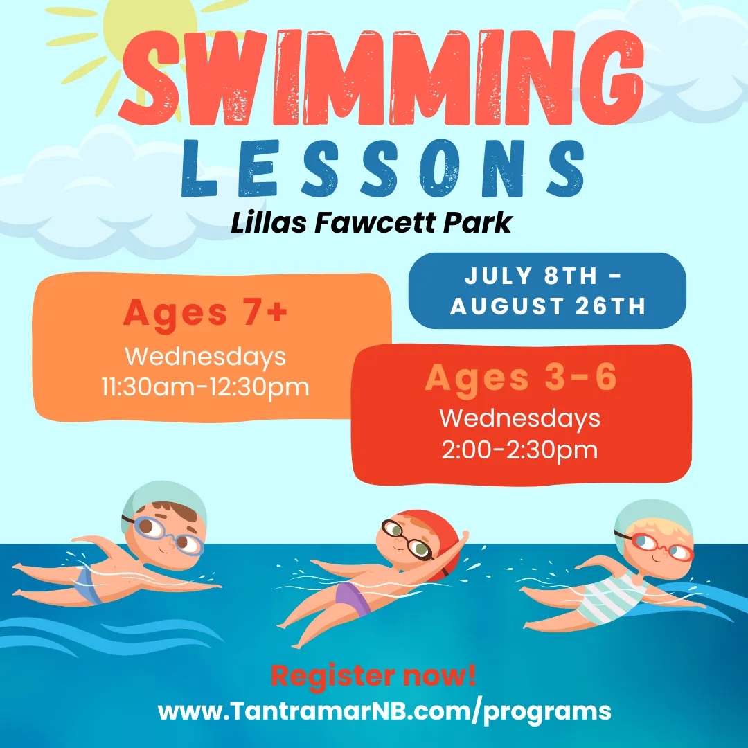 Swimming Lessons poster that shows 3 children swimming in a lake