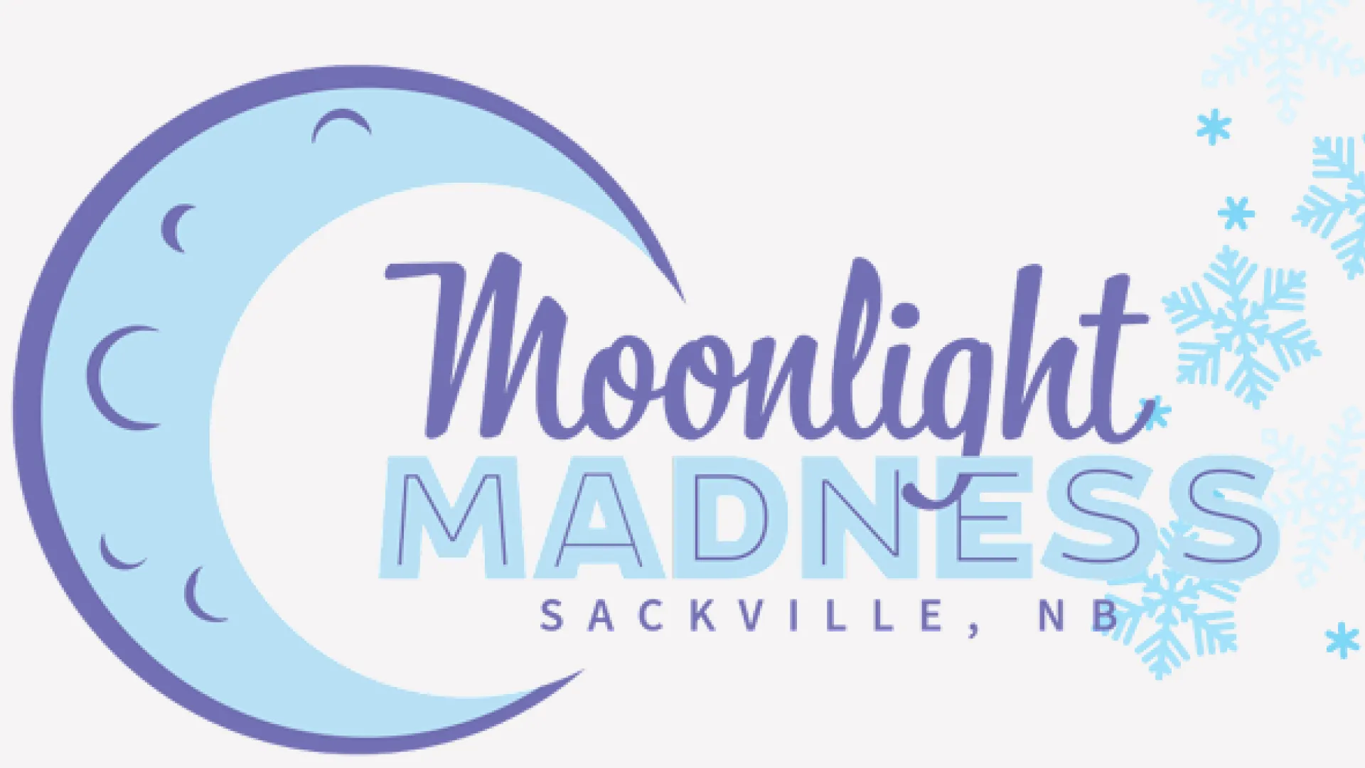 A logo for Moonlight Madness that includes a moon and snowflakes